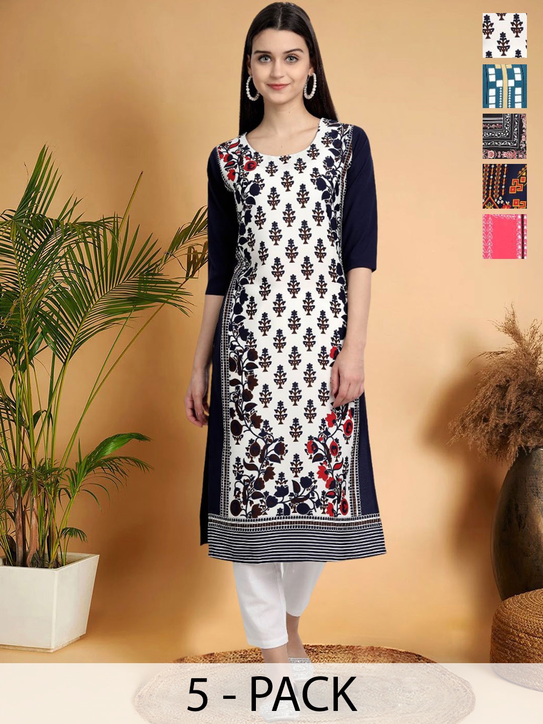 

7Threads Selection Of 5 Ethnic Motifs Printed Round Neck Straight Kurtas, Black