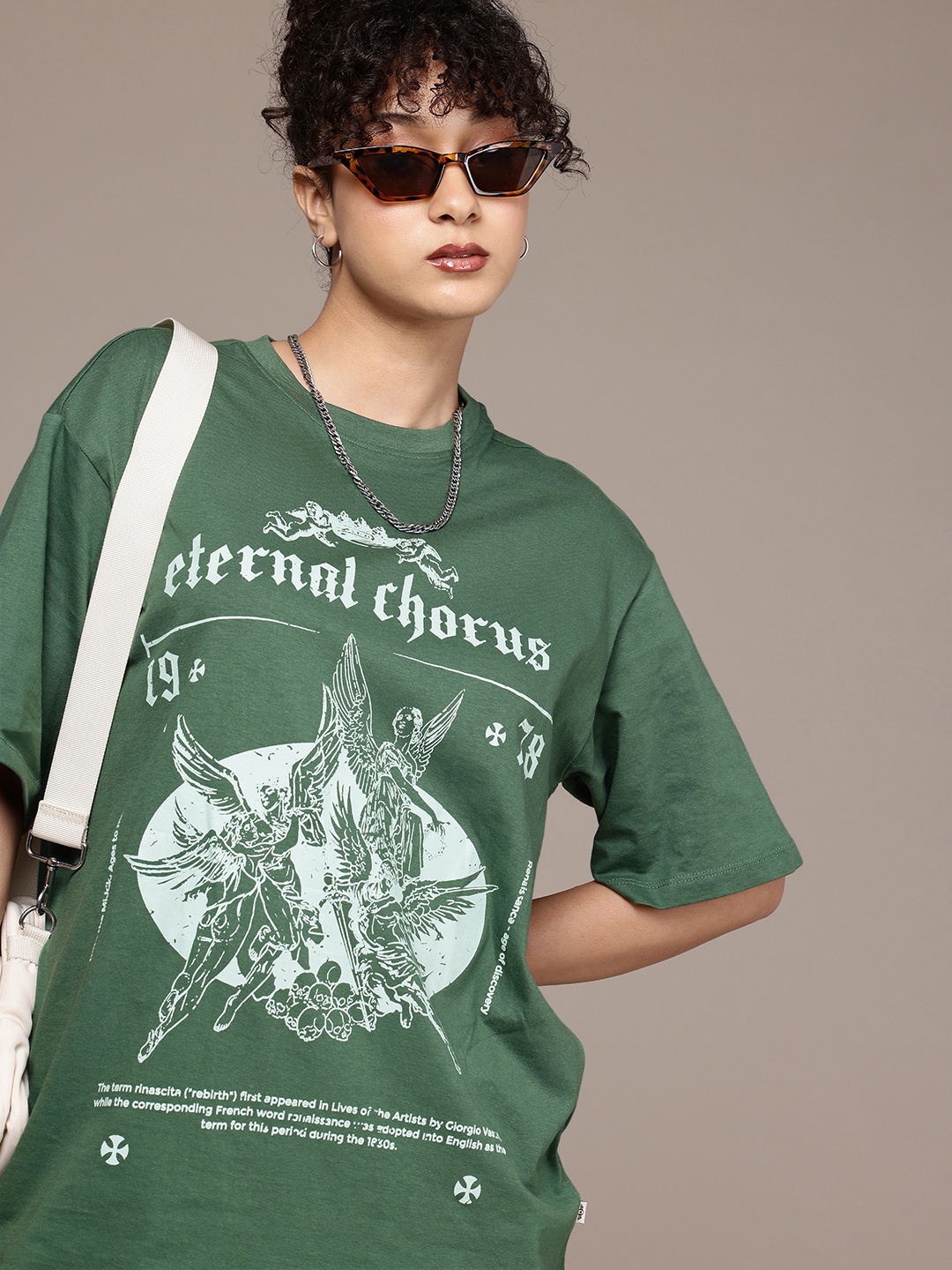 

The Roadster Life Co. Pure Cotton Graphic Printed Oversized Longline T-shirt, Green