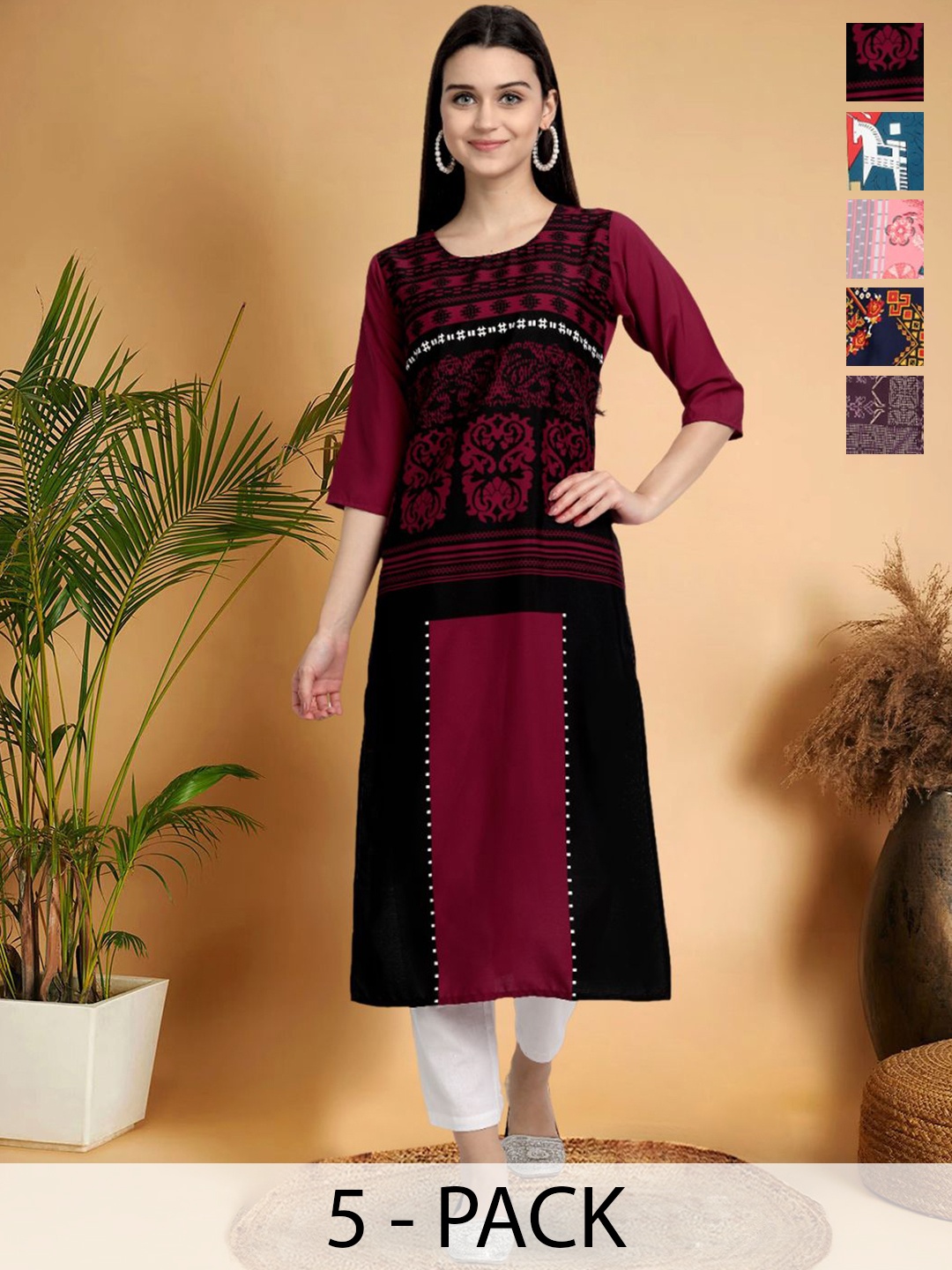 

7Threads Selection Of 5 Ethnic Motifs Printed Round Neck Straight Kurtas, Maroon