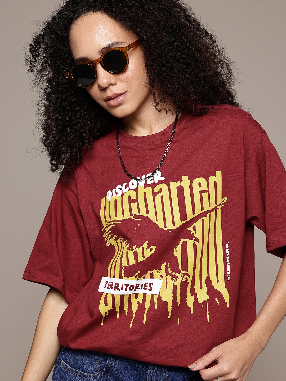 

The Roadster Life Co. Typography Printed Drop-Shoulder Pure Cotton Oversized T-shirt, Maroon