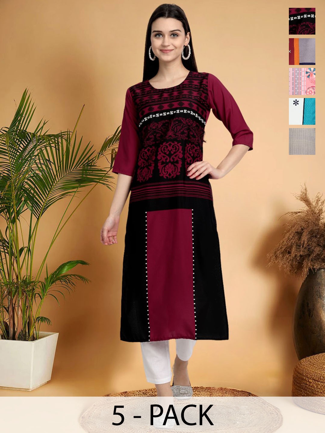 

7Threads Selection Of 5 Ethnic Motifs Printed Round Neck Straight Kurtas, Maroon