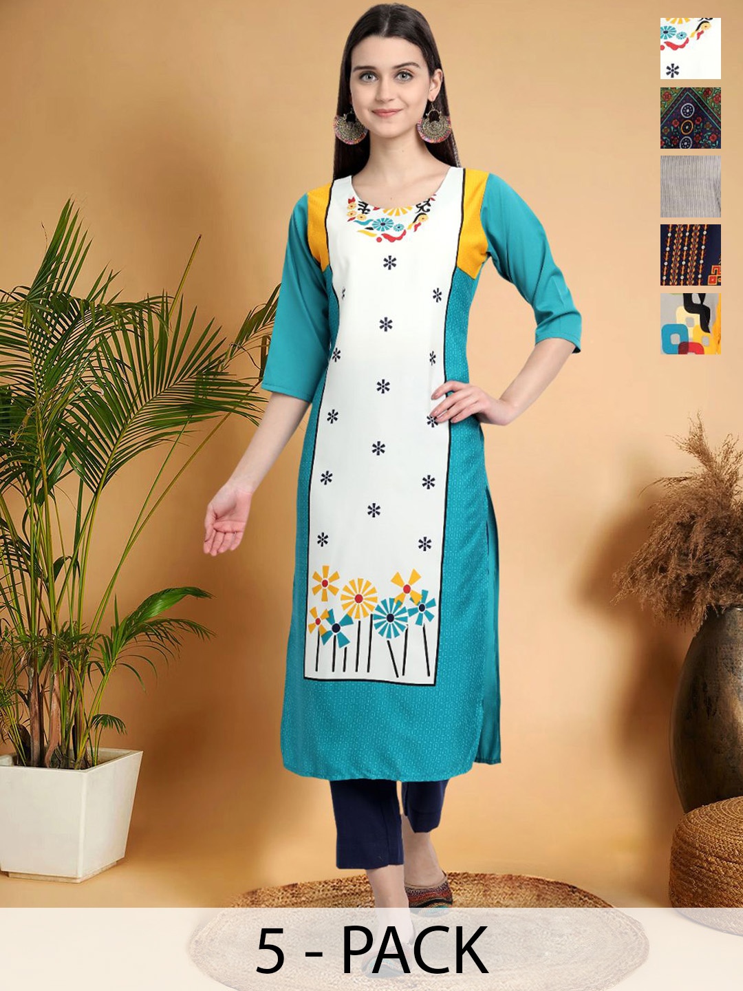 

7Threads Selection Of 5 Floral Printed Round Neck Straight Kurtas, Blue