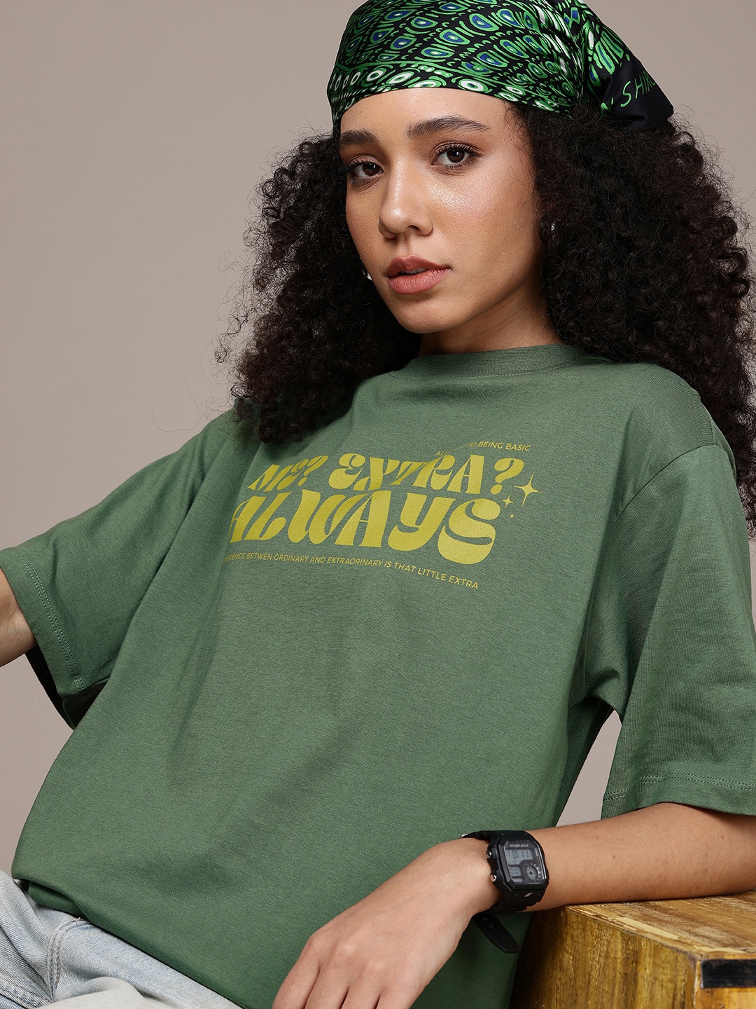 

The Roadster Life Co. Typography Printed Oversized Pure Cotton T-shirt, Green