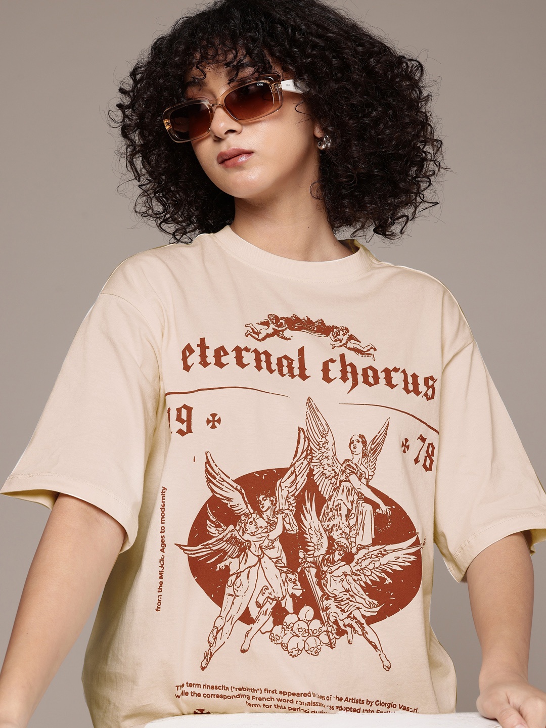

The Roadster Life Co. Printed Drop-Shoulder Sleeves Oversized Pure Cotton T-shirt, Beige