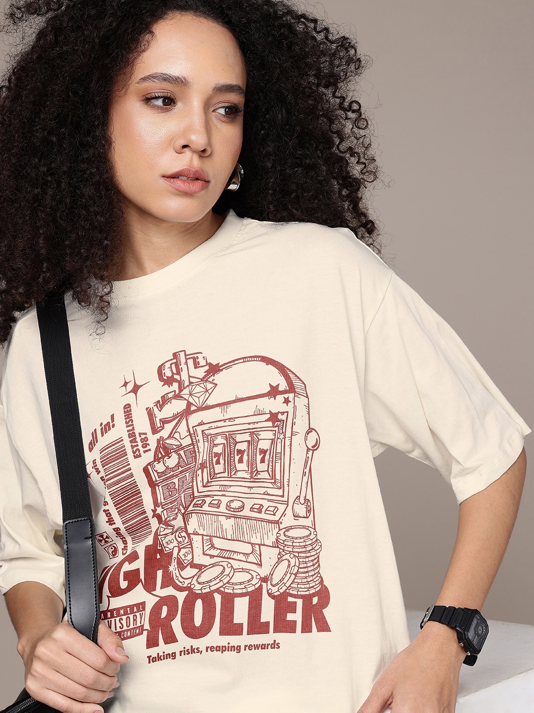 

The Roadster Life Co. Printed Oversized Pure Cotton T-shirt, Off white