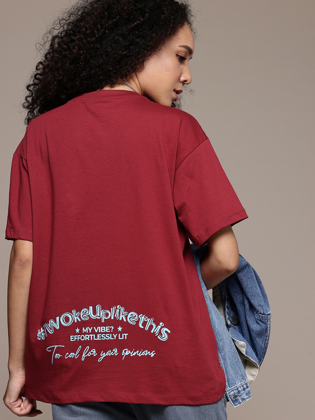 

The Roadster Life Co. Typography Printed Drop-Shoulder Pure Cotton Oversized T-shirt, Maroon