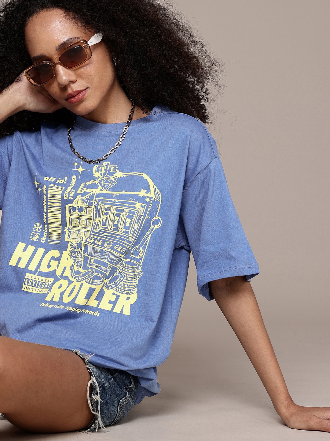 

The Roadster Life Co. Oversized Fit Graphic Printed Pure Cotton T-shirt, Blue