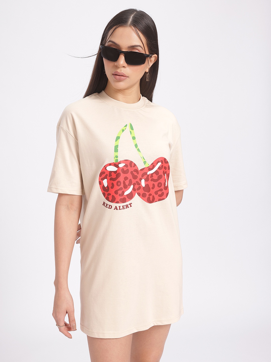 

glitchez Cherry Pop Oversized Hug T-Shirt Dress, Beige