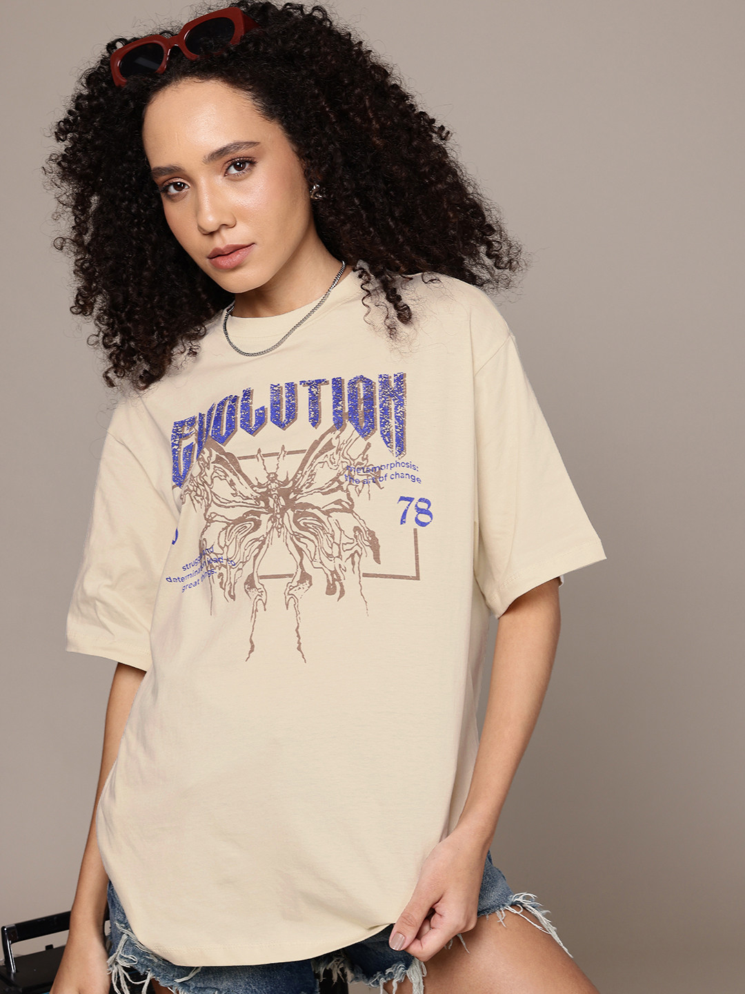 

The Roadster Life Co. Printed Drop-Shoulder Sleeves Pure Cotton Oversized T-shirt, Beige