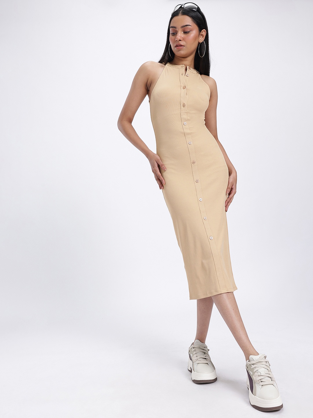 

glitchez Ribbed Chic Mock Buttons Halter Neck Midi Bodycon Dress with Back Slit, Beige
