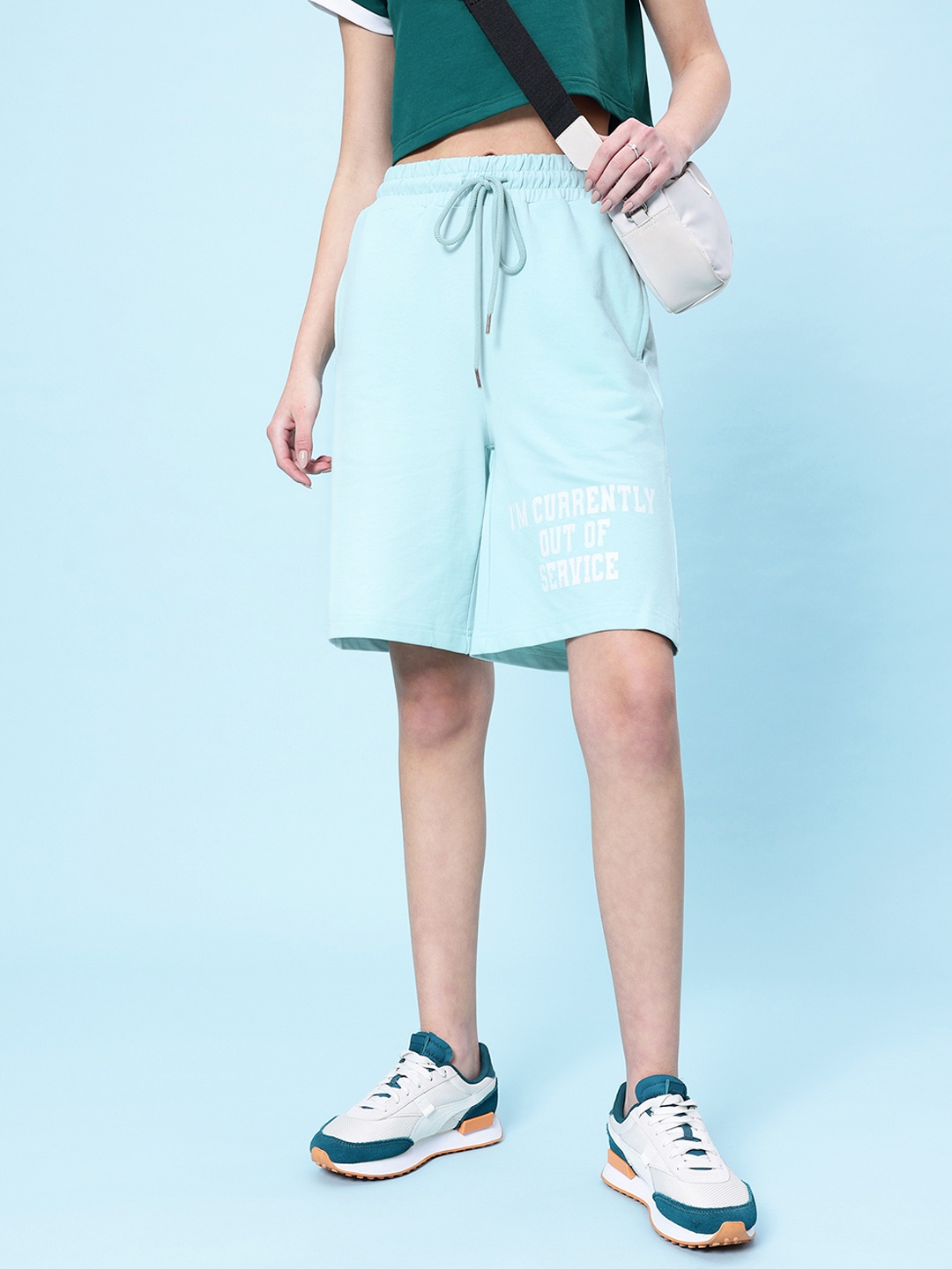 

glitchez Women Flaunting Vibes Typography Print Mid-Rise Loose Fit Shorts, Blue