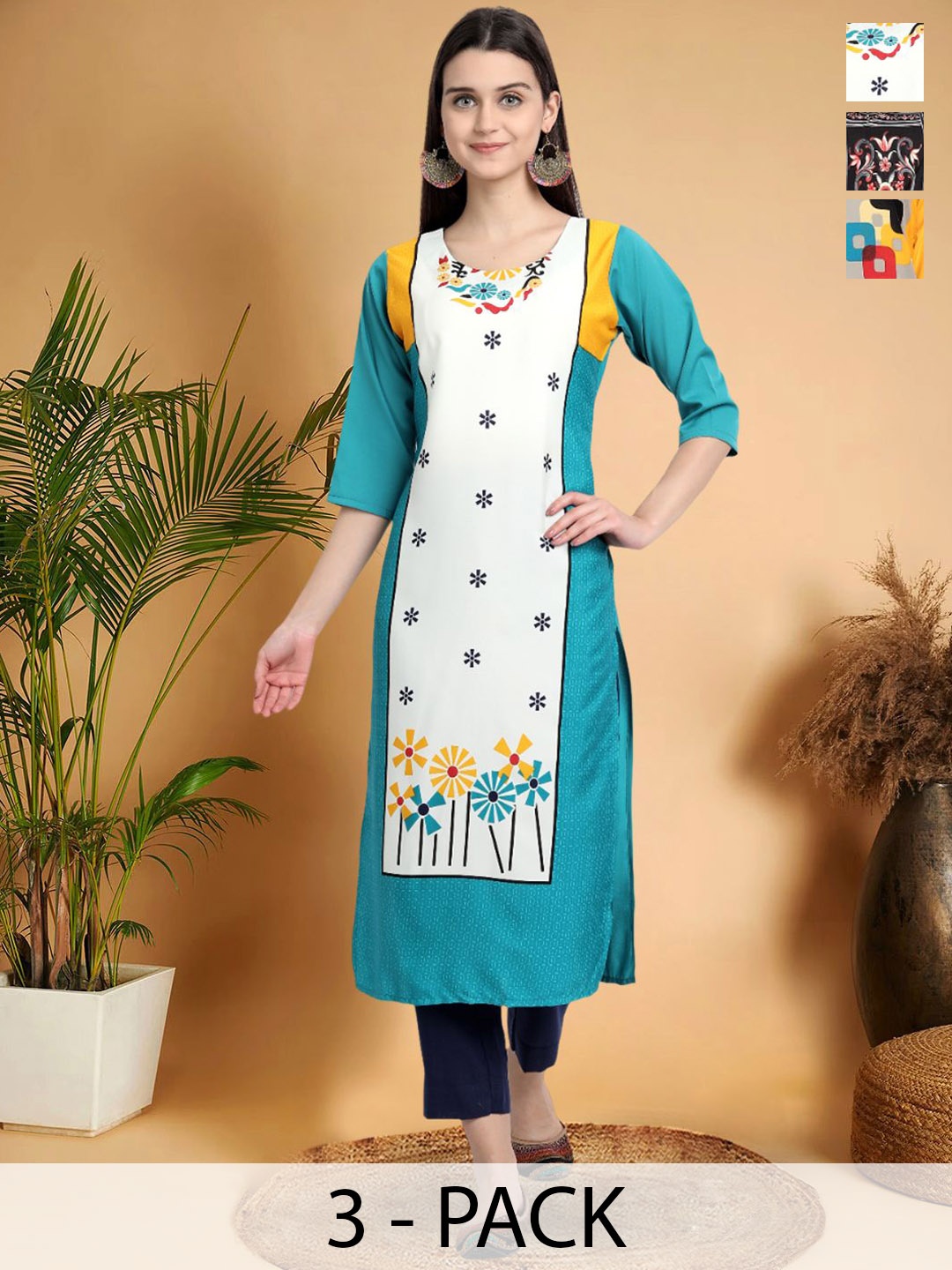 

7Threads Selection Of 3 Floral Printed Round Neck Straight Kurtas, Blue