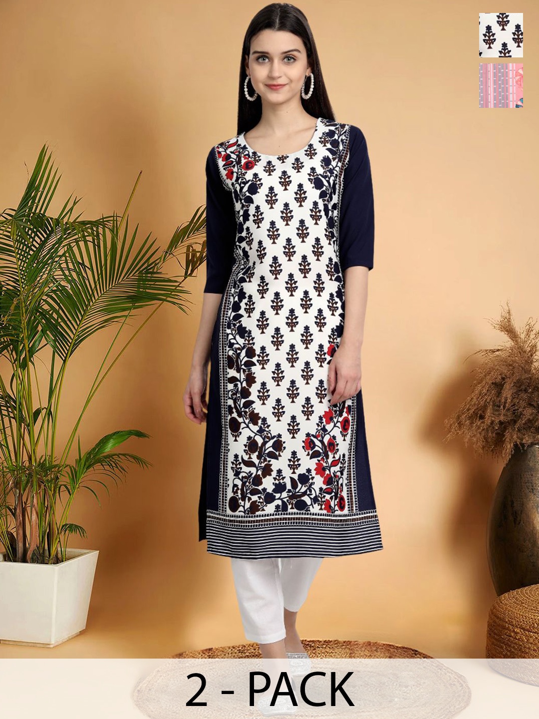 

7Threads Selection Of 2 Ethnic Motifs Printed Round Neck Straight Kurtas, Black