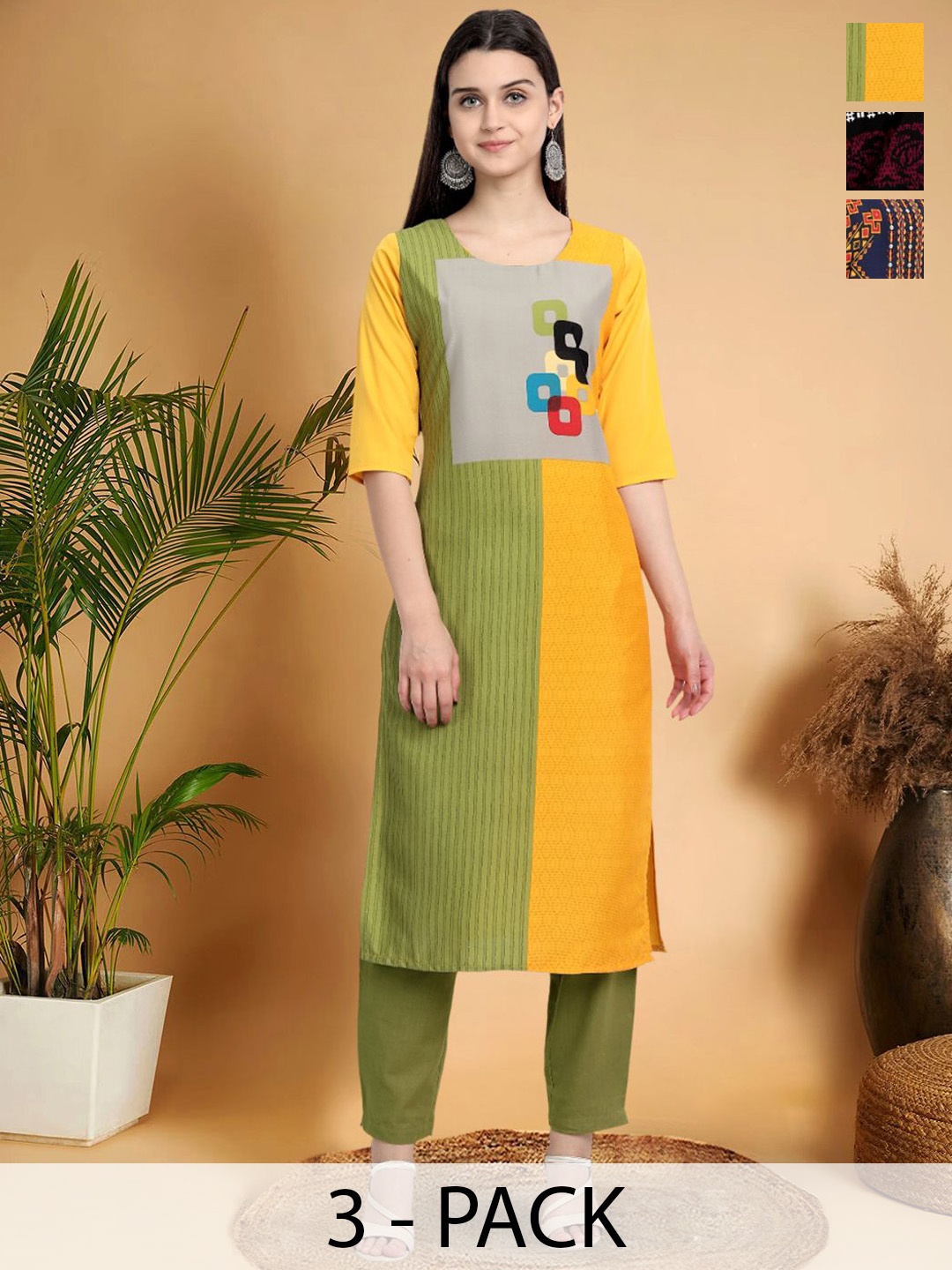 

7Threads Selection Of 3 Geometric Printed Round Neck Straight Kurtas, Green