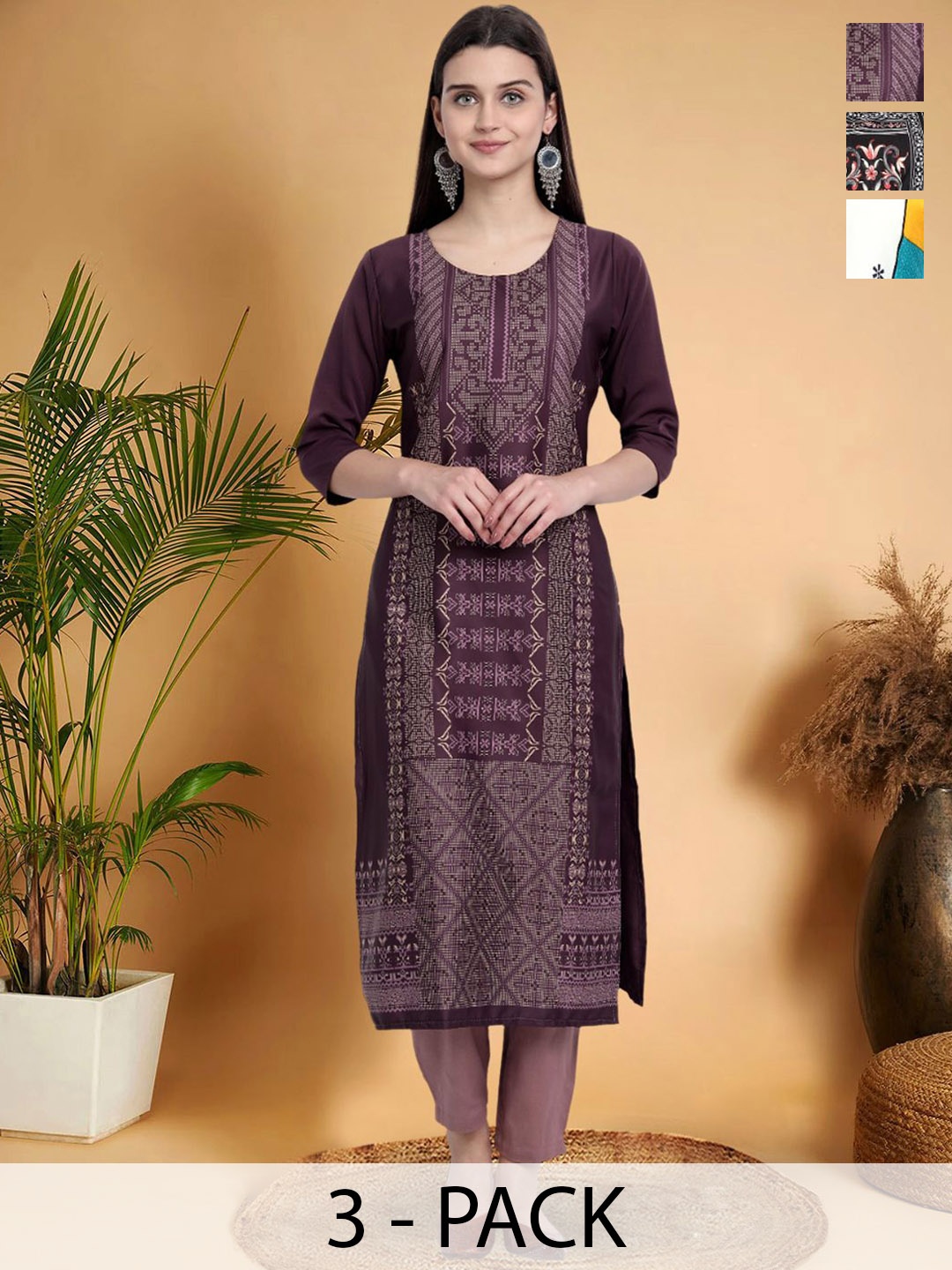 7Threads Selection Of 3 Ethnic Motifs Printed Round Neck Straight Kurtas, Purple