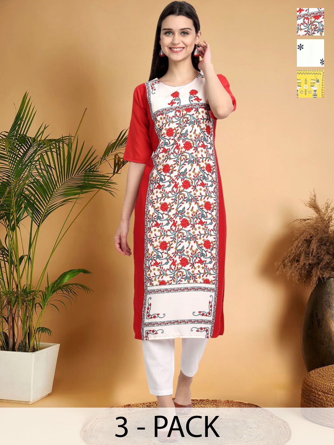 7Threads Selection Of 3 Floral Printed Round Neck Straight Kurtas, White