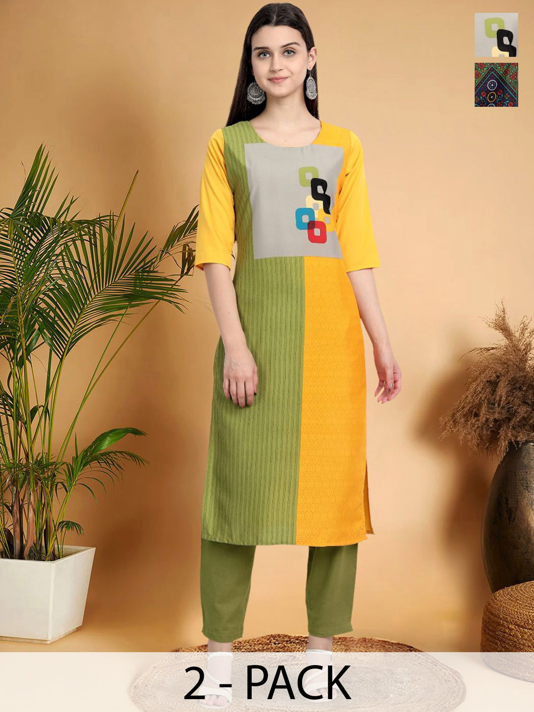 

7Threads Selection Of 2 Geometric Printed Round Neck Straight Kurtas, Green