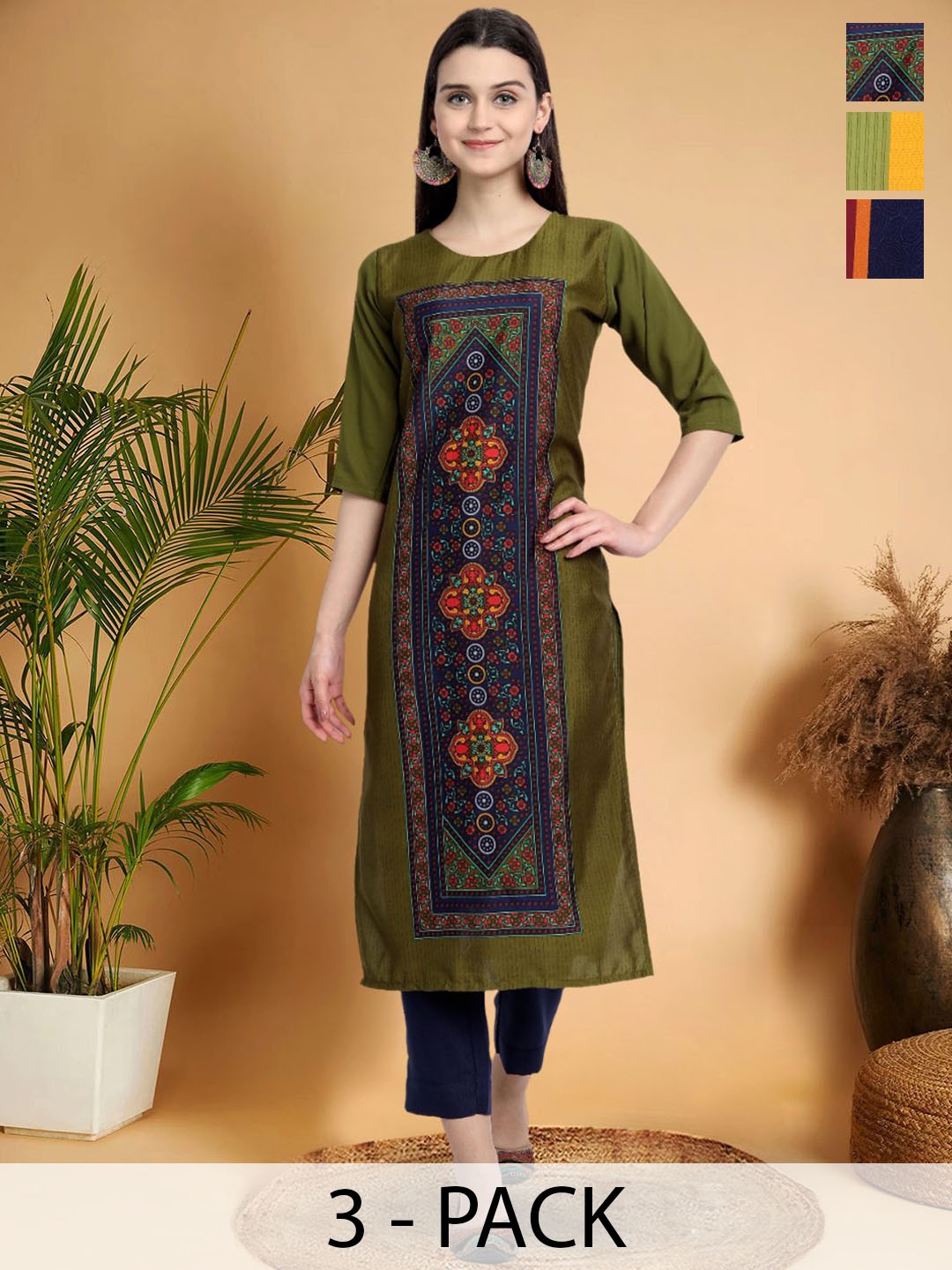 

7Threads Selection Of 3 Ethnic Motifs Printed Round Neck Straight Kurtas, Olive