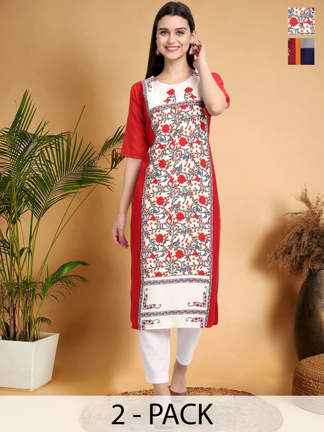 

7Threads Selection Of 2 Floral Printed Round Neck Straight Kurtas, Red