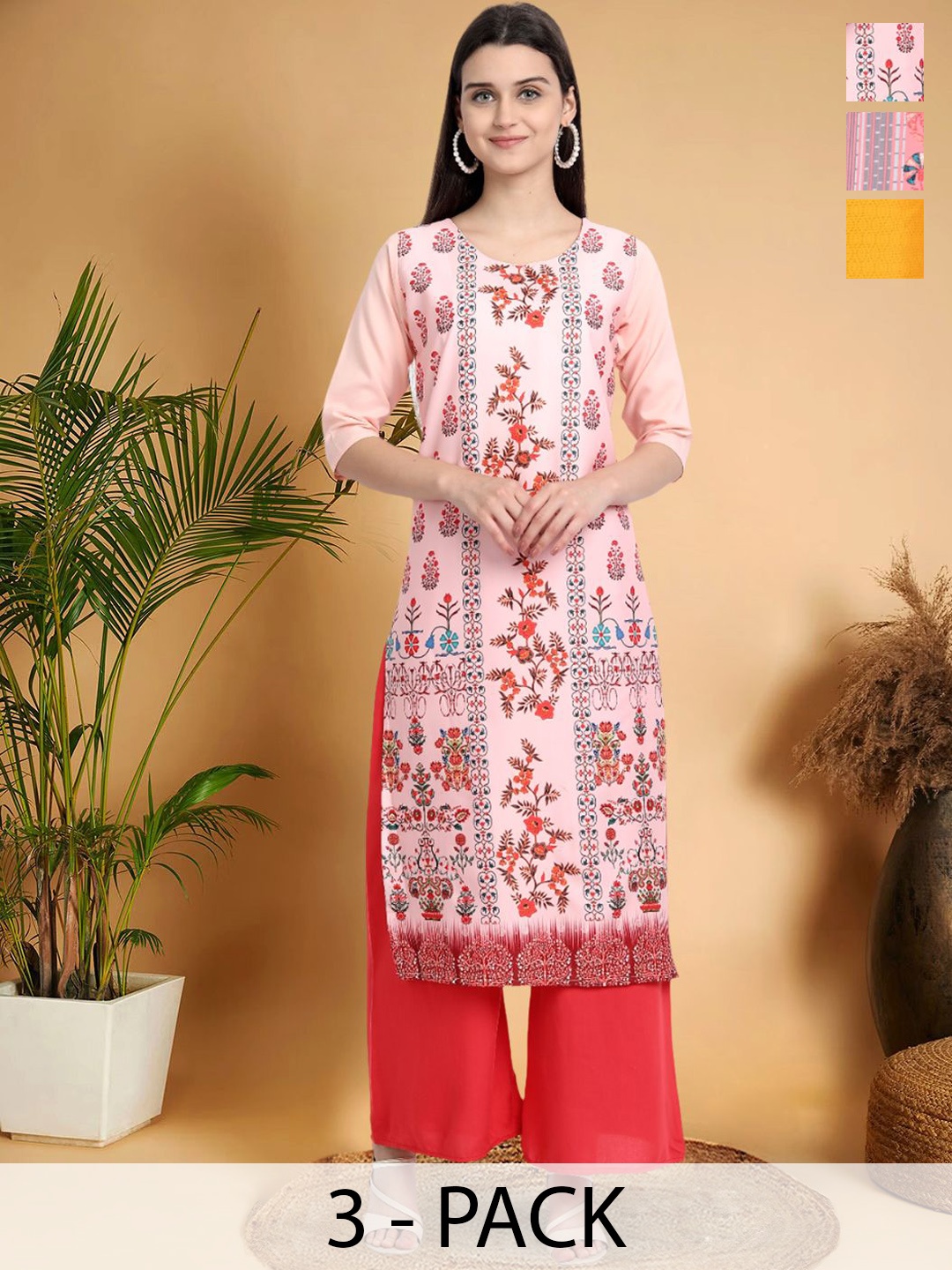 7Threads Selection Of 3 Ethnic Motifs Printed Round Neck Straight Kurtas, Pink