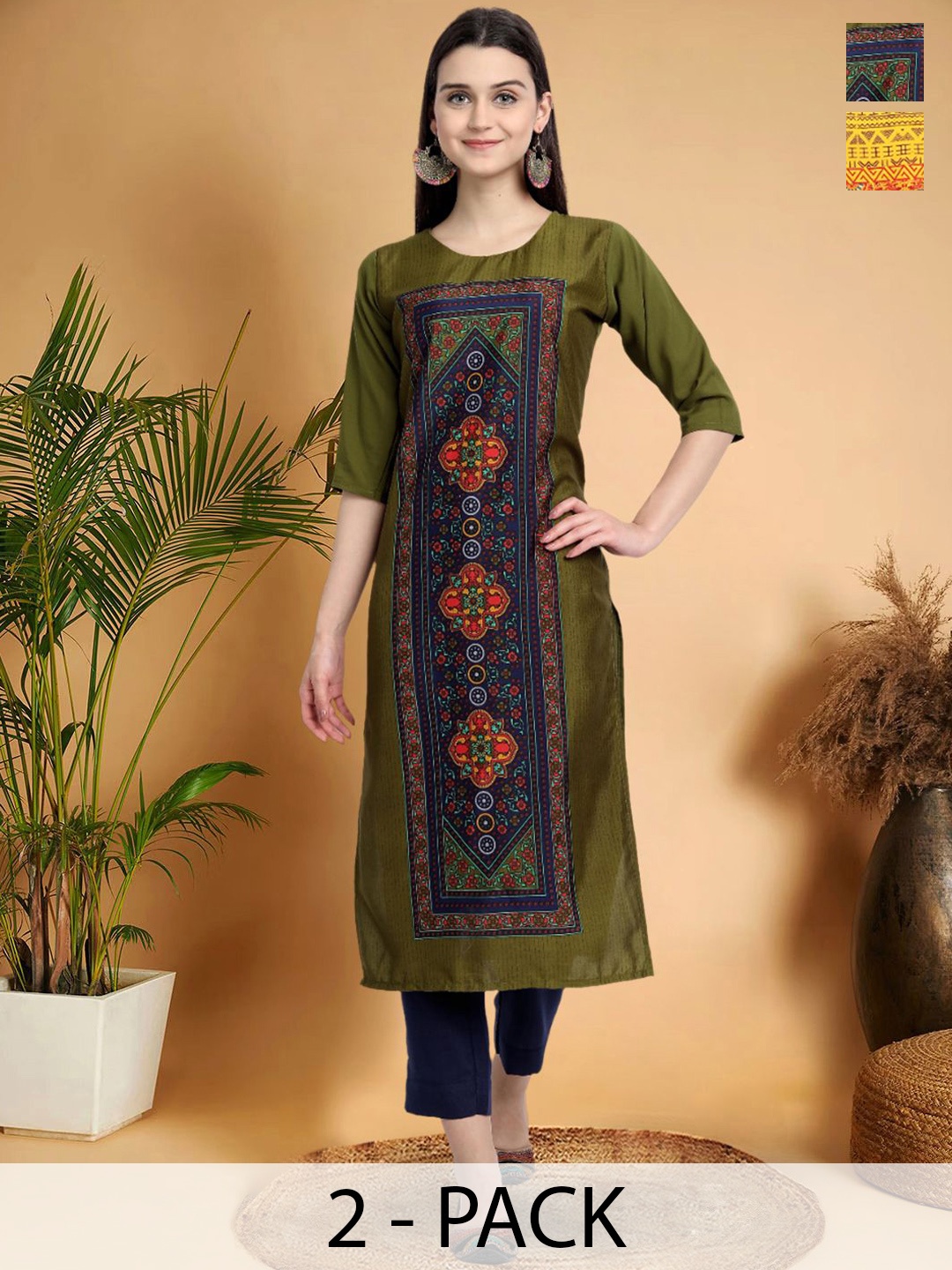 

7Threads Selection Of 2 Ethnic Motifs Printed Round Neck Straight Kurtas, Green