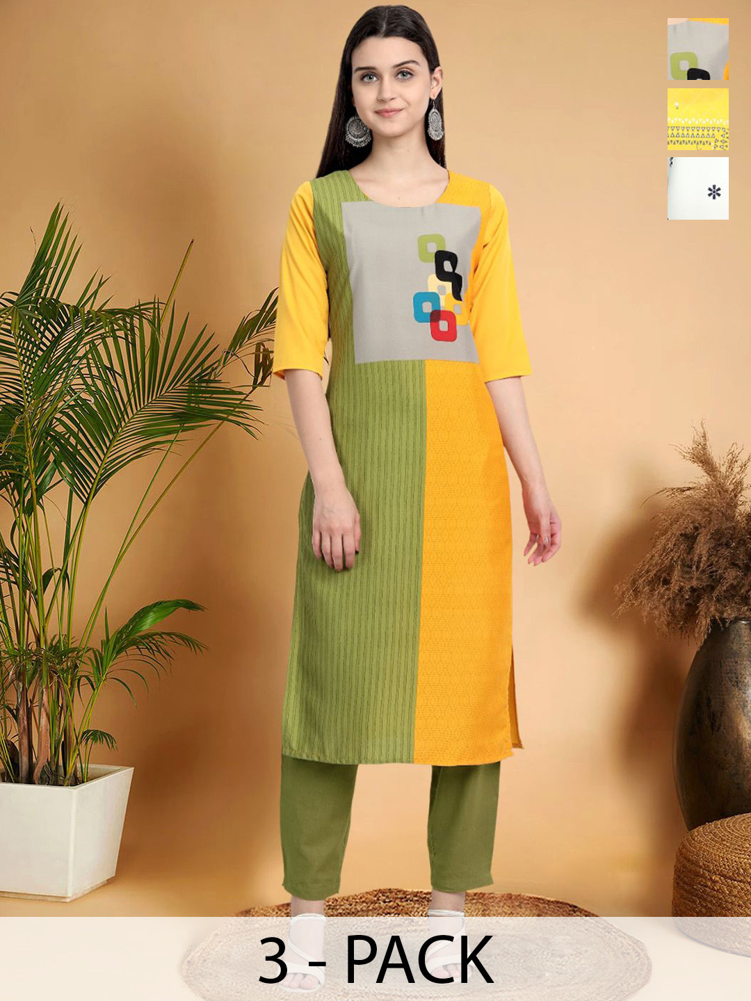 

7Threads Selection Of 3 Geometric Printed Round Neck Straight Kurtas, Green