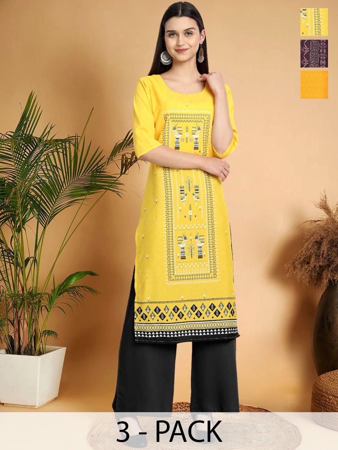 

7Threads Selection Of 3 Ethnic Motifs Printed Round Neck Straight Kurtas, Yellow