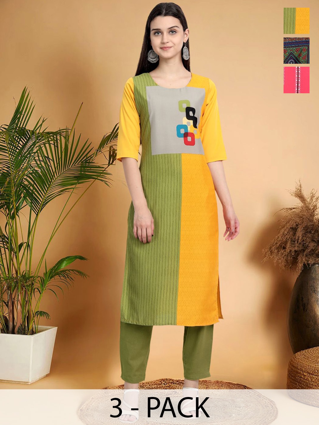 

7Threads Selection Of 3 Geometric Printed Round Neck Straight Kurtas, Green
