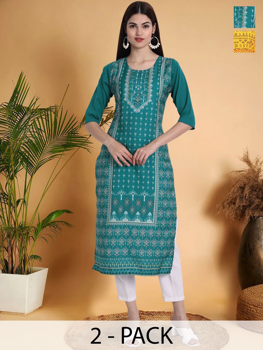 7Threads Selection Of 2 Ethnic Motifs Printed Round Neck Straight Kurtas, Blue