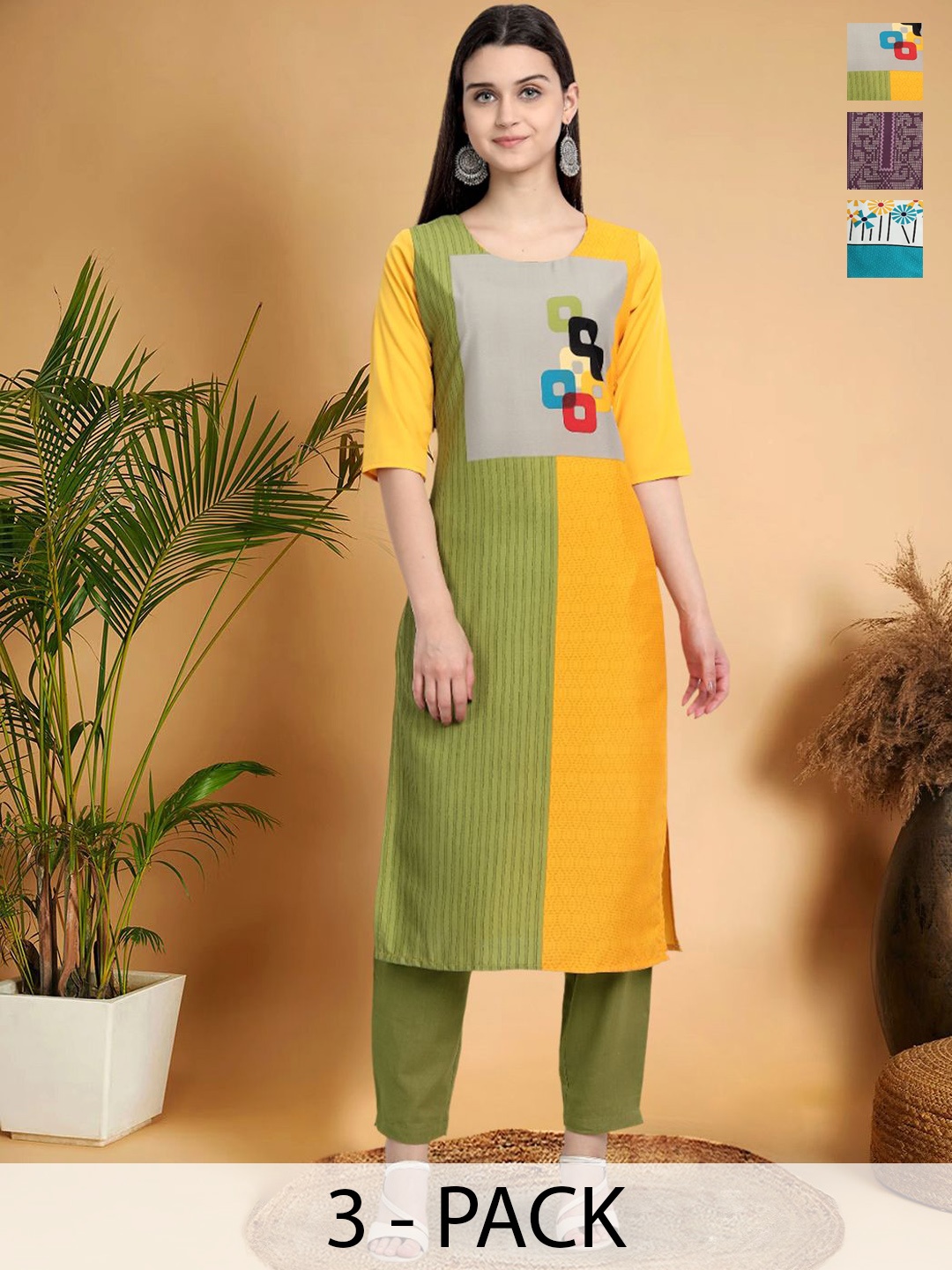 

7Threads Selection Of 3 Geometric Printed Round Neck Straight Kurtas, Green
