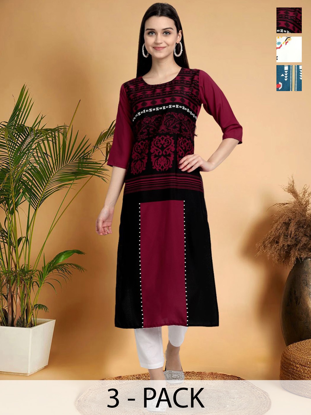 7Threads Selection Of 3 Ethnic Motifs Printed Round Neck Straight Kurtas, Black
