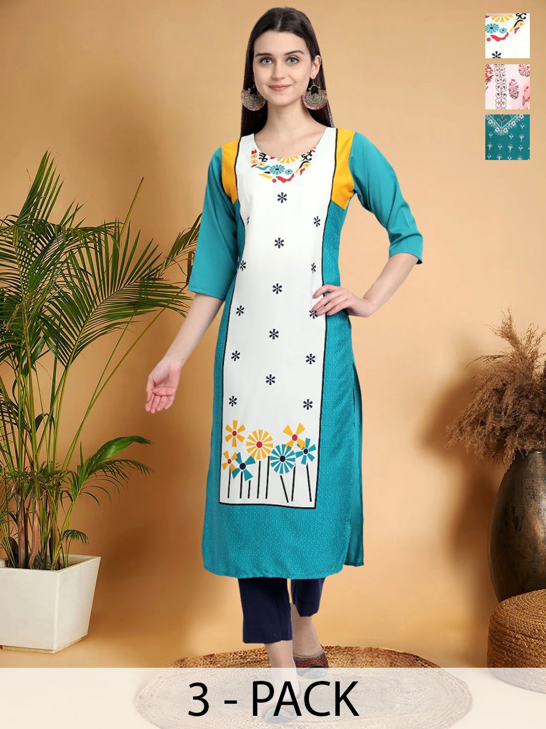 7Threads Selection Of 3 Floral Printed Round Neck Straight Kurtas, Blue