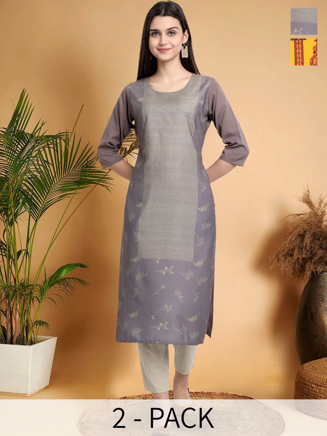 

7Threads Selection Of 2 Floral Printed Round Neck Straight Kurtas, Purple