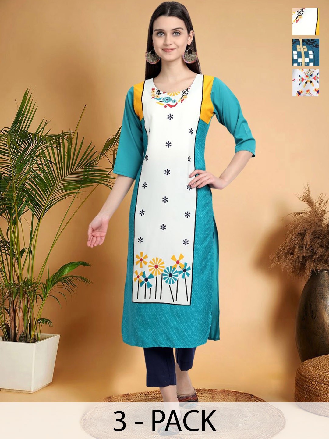 

7Threads Selection Of 3 Floral Printed Round Neck Straight Kurtas, Blue