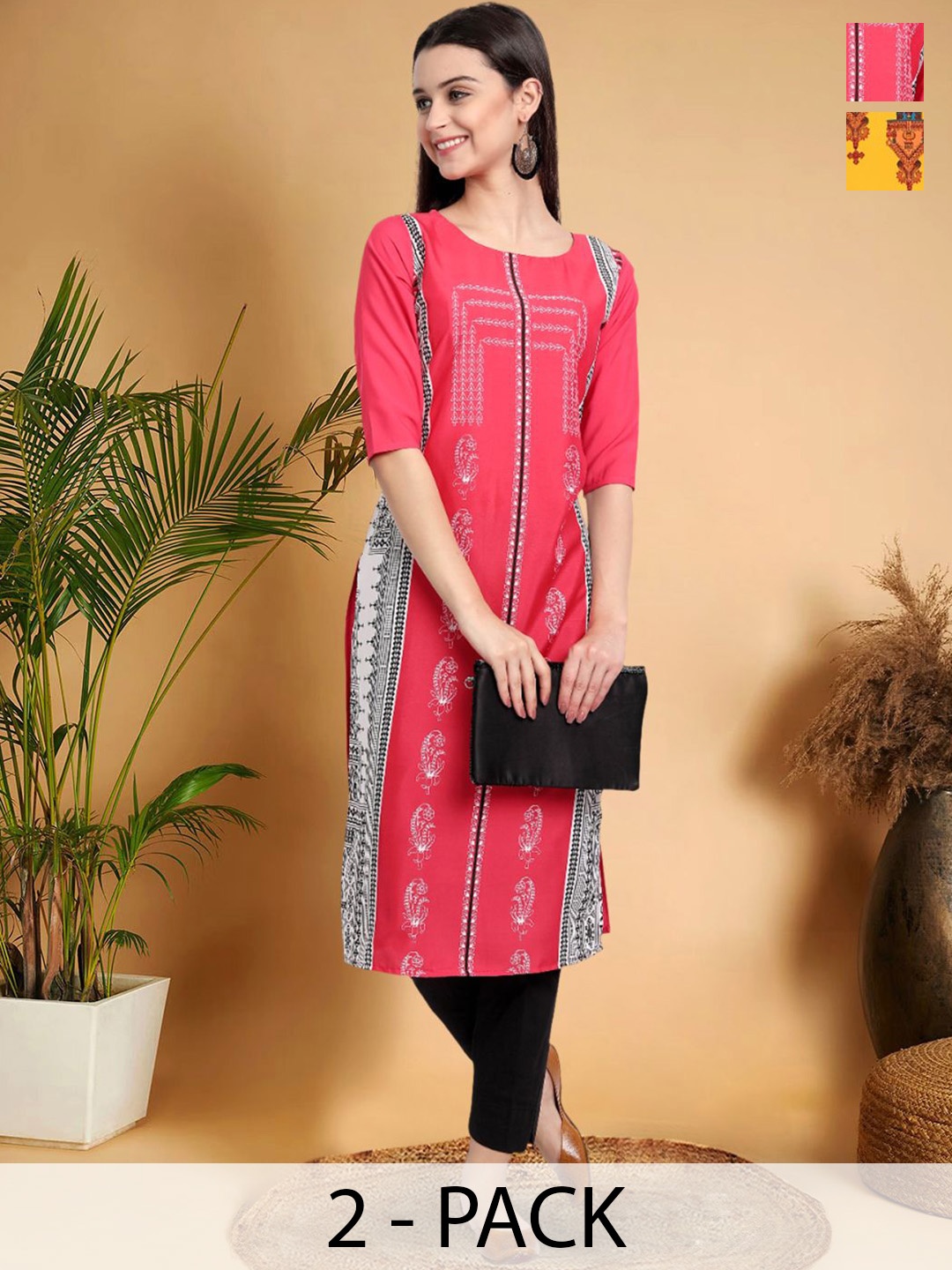 

7Threads Selection Of 2 Ethnic Motifs Printed Round Neck Straight Kurtas, Pink
