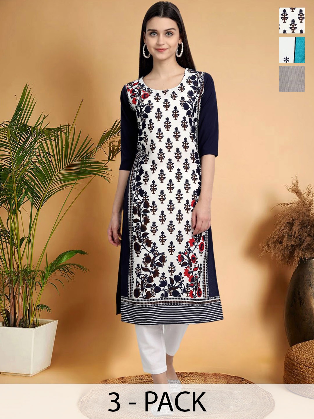 

7Threads Selection Of 3 Ethnic Motifs Printed Round Neck Straight Kurtas, Black