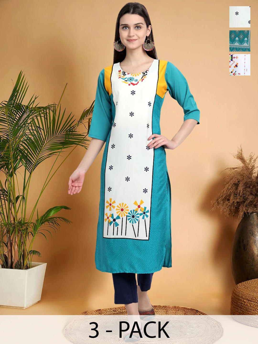 

7Threads Selection Of 3 Floral Printed Round Neck Straight Kurtas, Blue