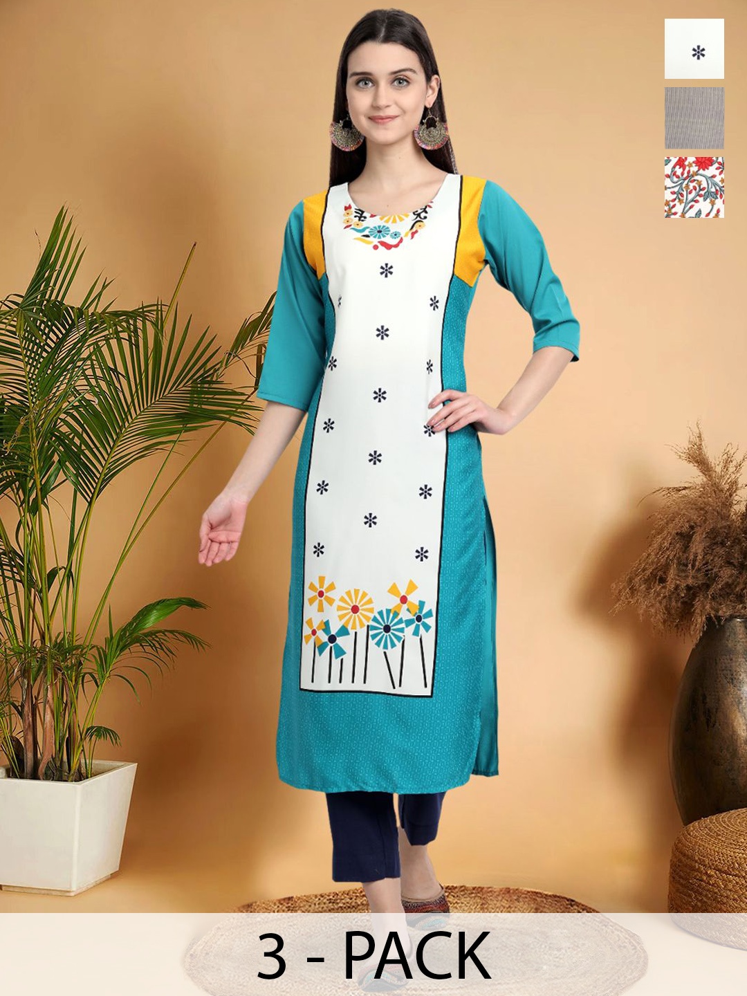 

7Threads Selection Of 3 Floral Printed Round Neck Straight Kurtas, Blue