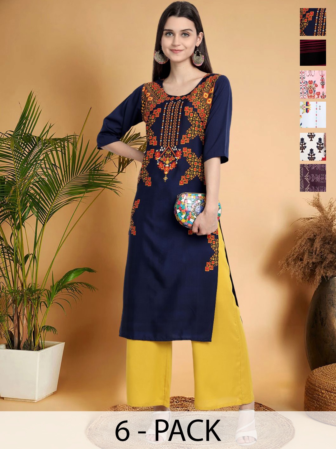 7Threads Selection Of 6 Ethnic Motifs Printed Round Neck Straight Kurtas, Blue