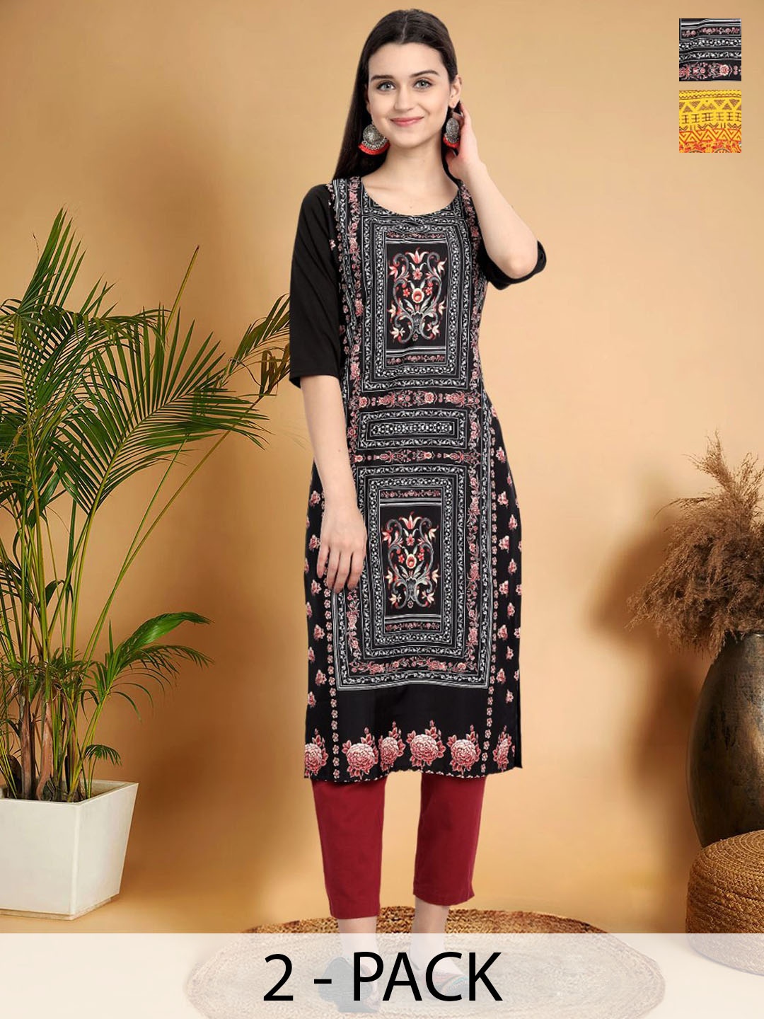 

7Threads Selection Of 2 Ethnic Motifs Printed Round Neck Straight Kurtas, Black