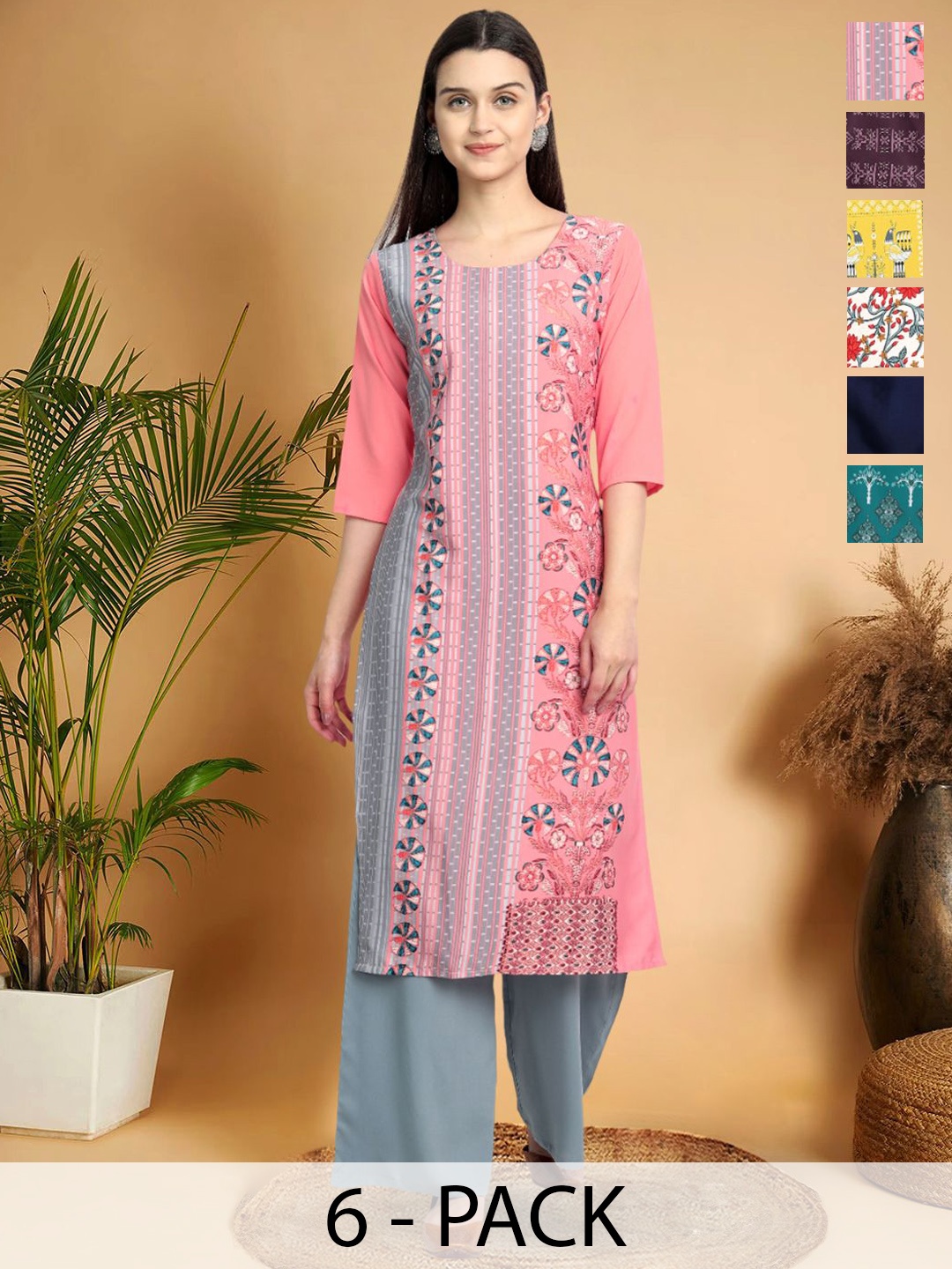 

7Threads Selection Of 6 Geometric Printed Round Neck Straight Kurtas, Pink