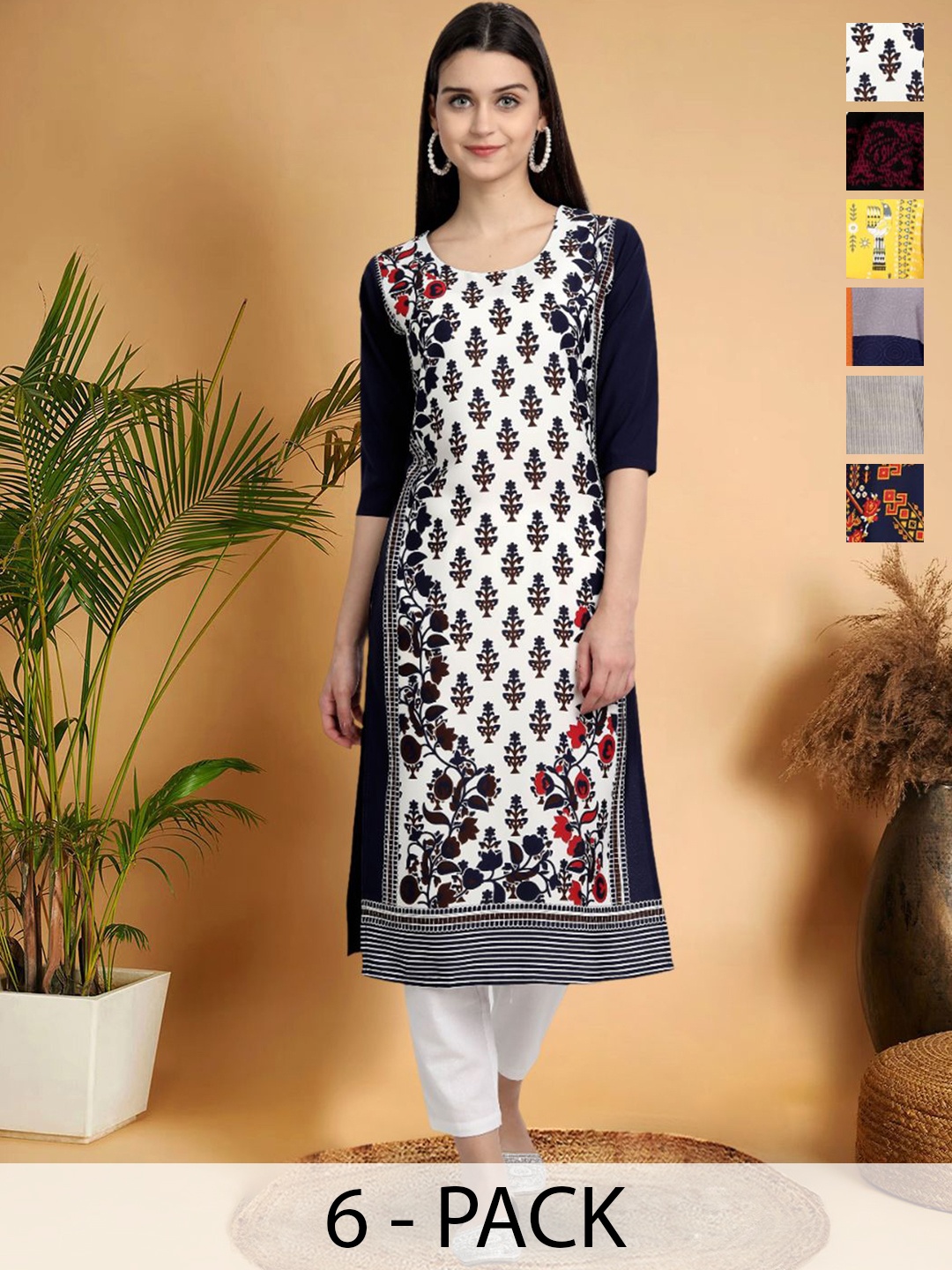 

7Threads Selection Of 6 Ethnic Motifs Printed Round Neck Straight Kurtas, Black