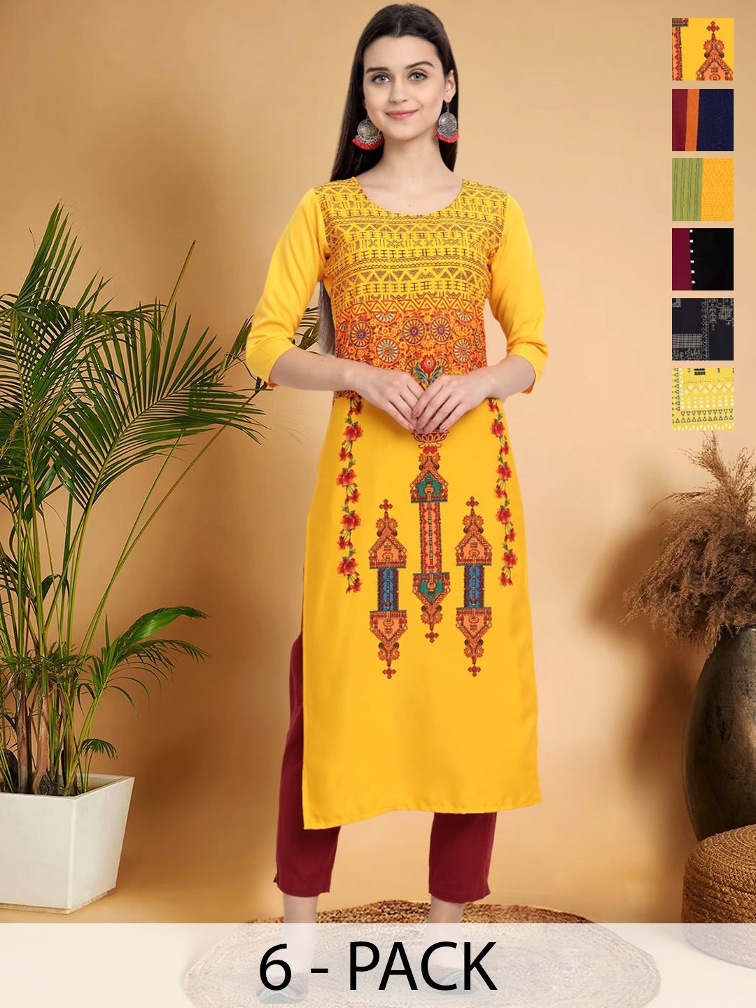 

7Threads Selection Of 6 Ethnic Motifs Printed Round Neck Straight Kurtas, Yellow