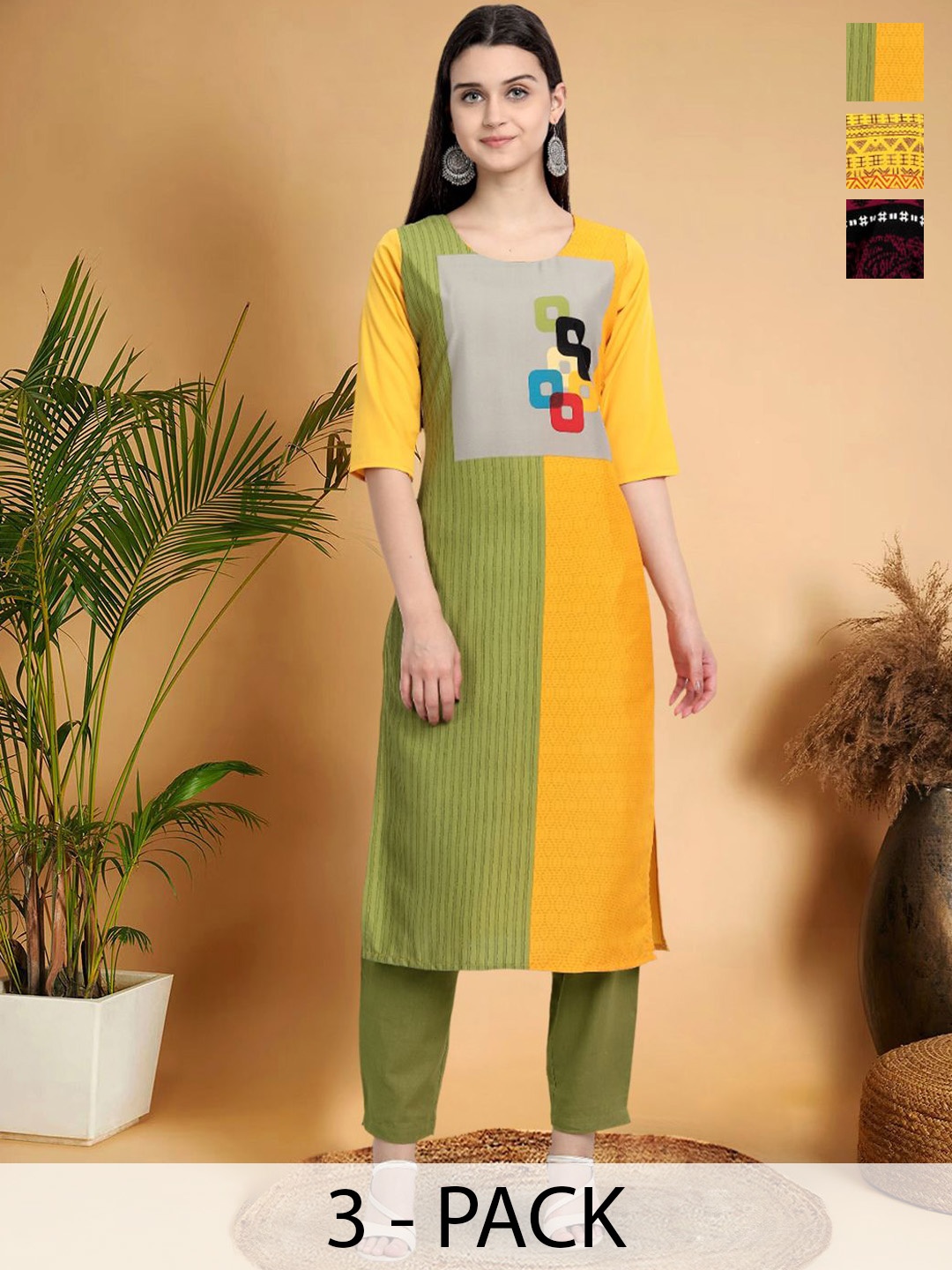 

7Threads Selection Of 3 Geometric Printed Round Neck Straight Kurtas, Green