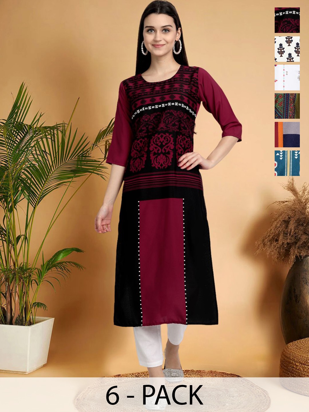 

7Threads Selection Of 6 Ethnic Motifs Printed Round Neck Straight Kurtas, Black