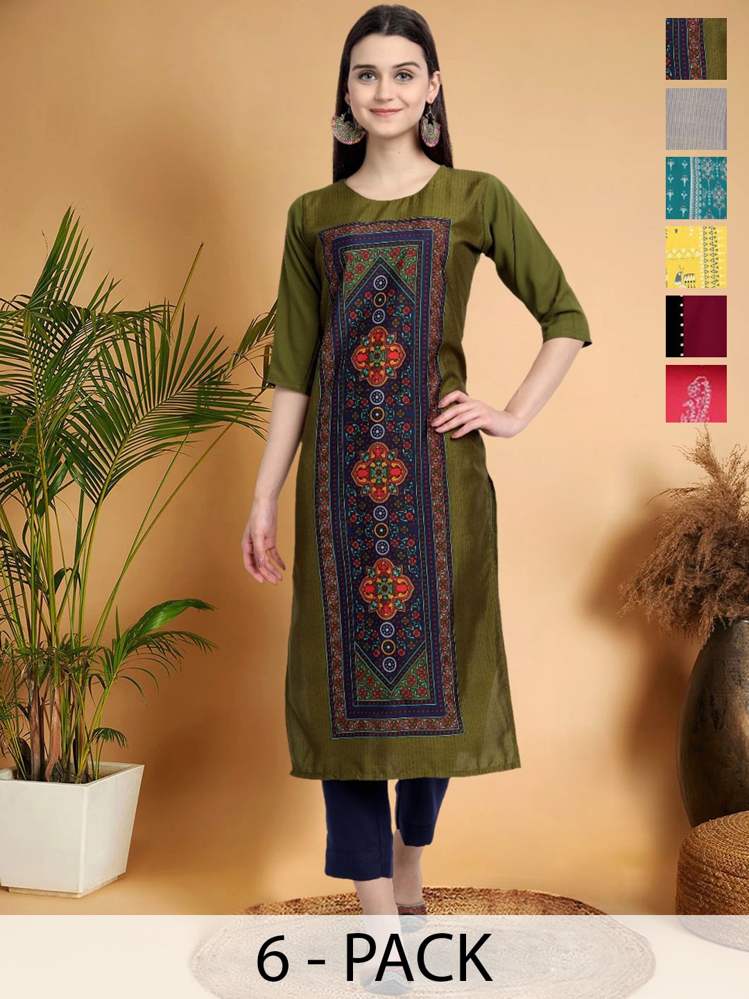 

7Threads Selection Of 6 Ethnic Motifs Printed Round Neck Straight Kurtas, Green