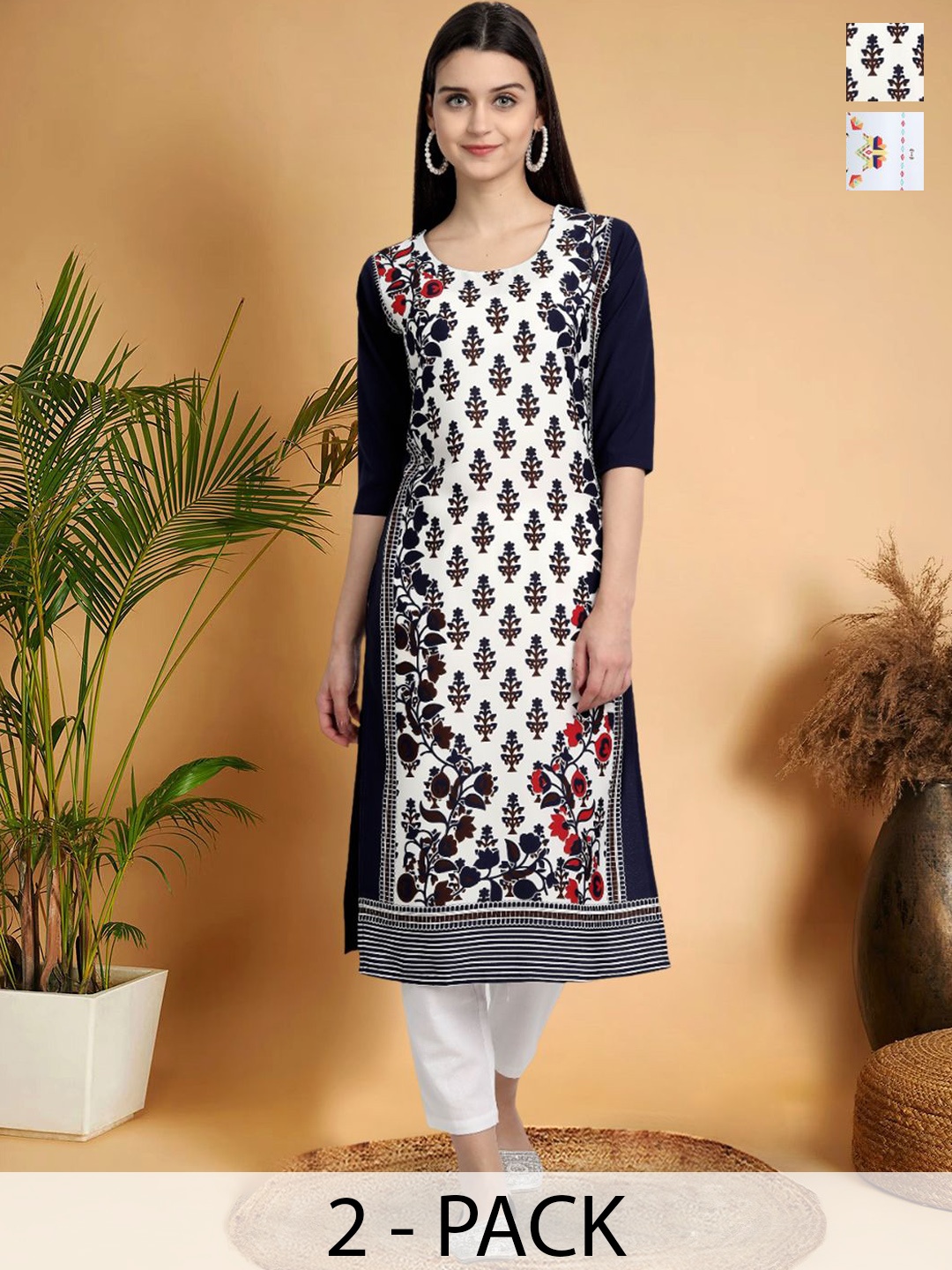 

7Threads Selection Of 2 Ethnic Motifs Printed Round Neck Straight Kurtas, Black