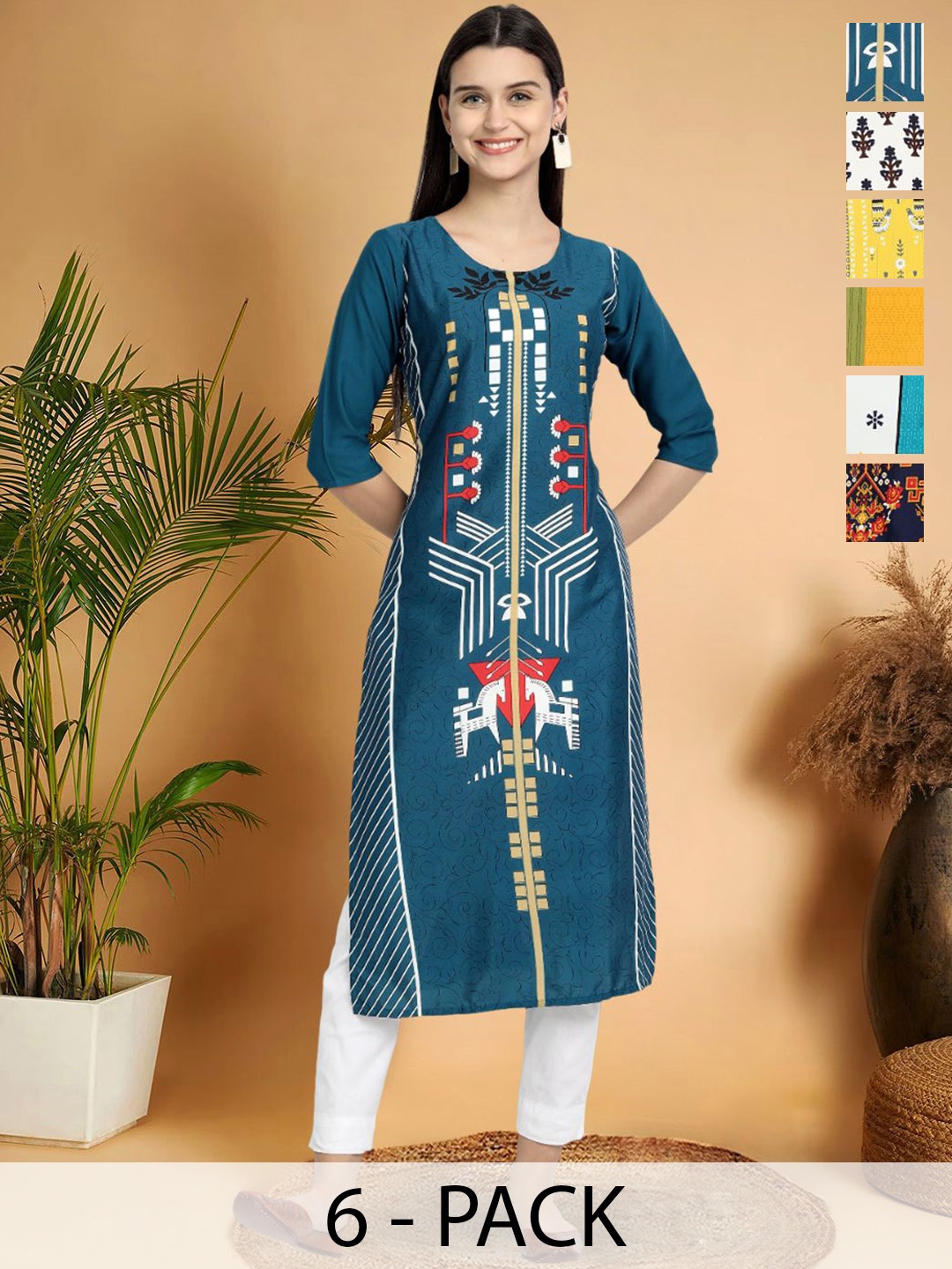 

7Threads Selection Of 6 Geometric Printed Round Neck Straight Kurtas, Blue