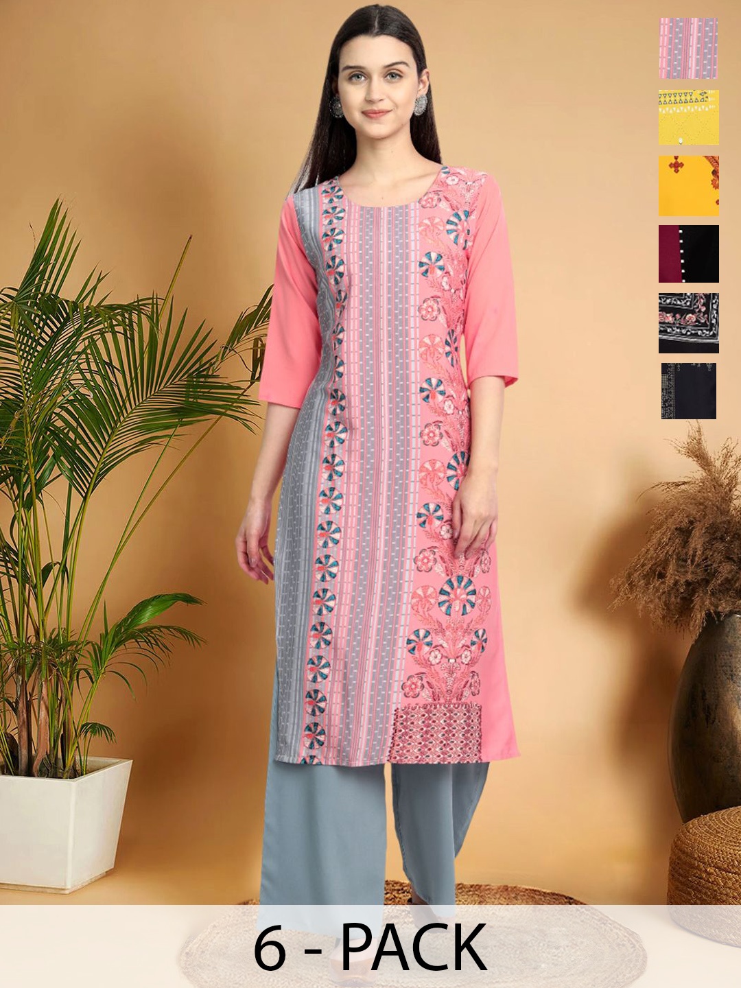 

7Threads Selection Of 6 Geometric Printed Round Neck Straight Kurtas, Pink