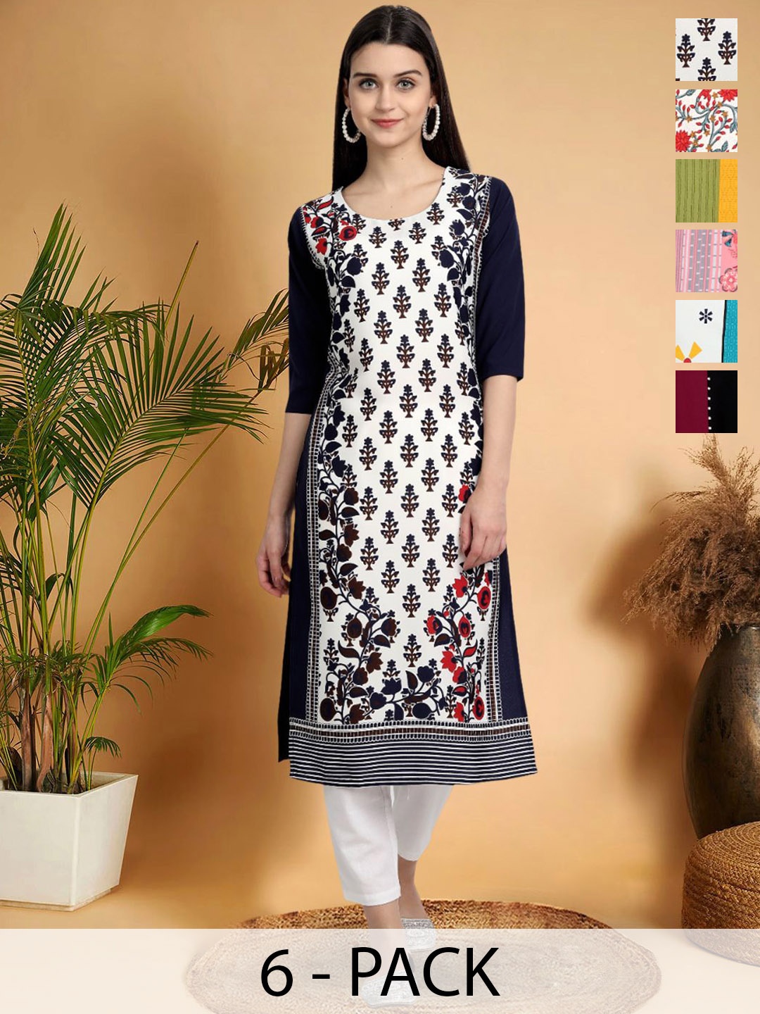 

7Threads Selection Of 6 Ethnic Motifs Printed Round Neck Straight Kurtas, Black